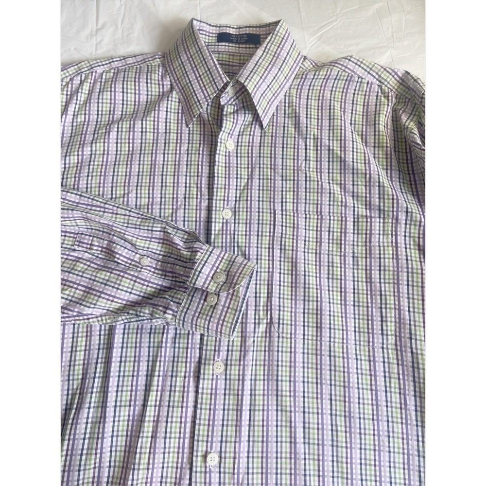 Alan Flusser Mens Button Down Shirt Purple Green Plaid Cotton Long Sleeve- Med